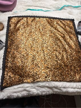Leopard Print Satin Sleepwear Scarf with Black Lace Trim
